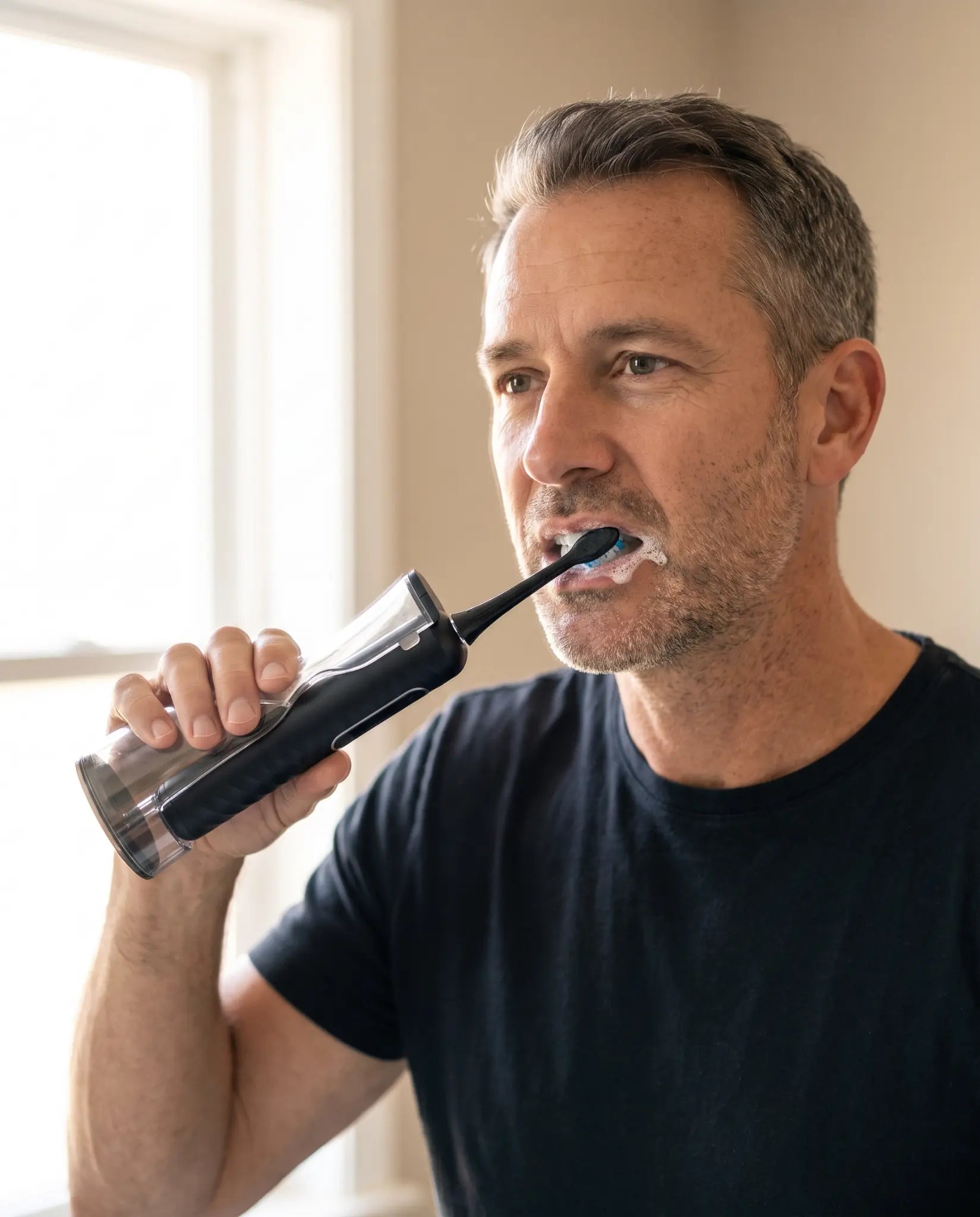 A man using the MYBRUSSSH ONE while brushing his teeth